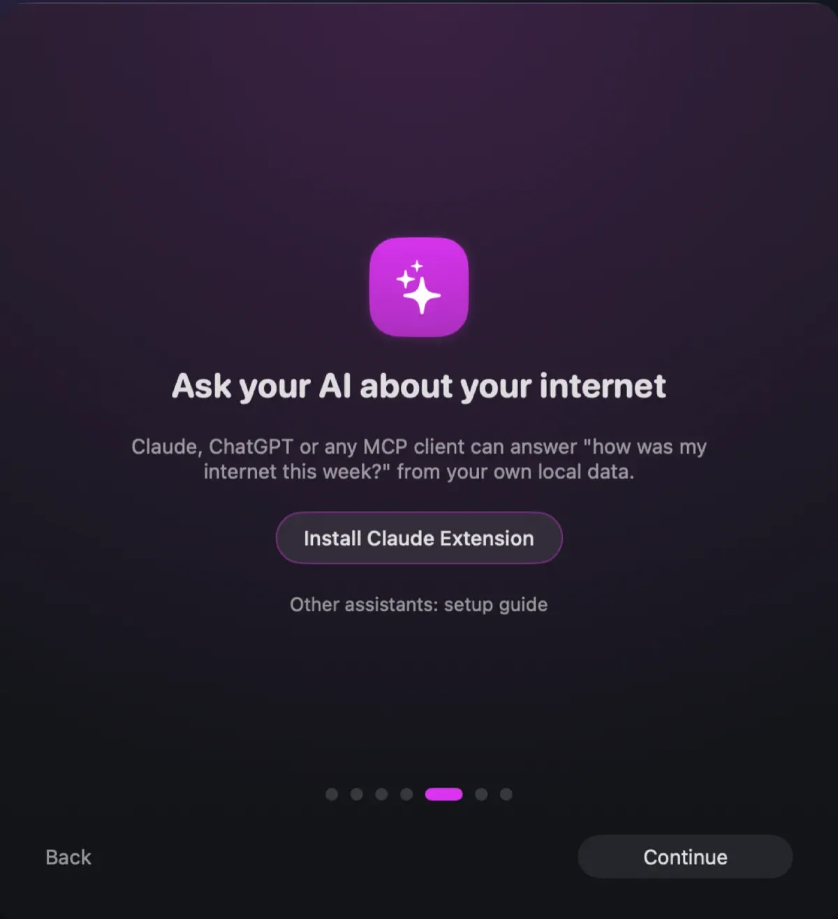 Onboarding screen: ask your AI about your internet, with an Install Claude Extension button