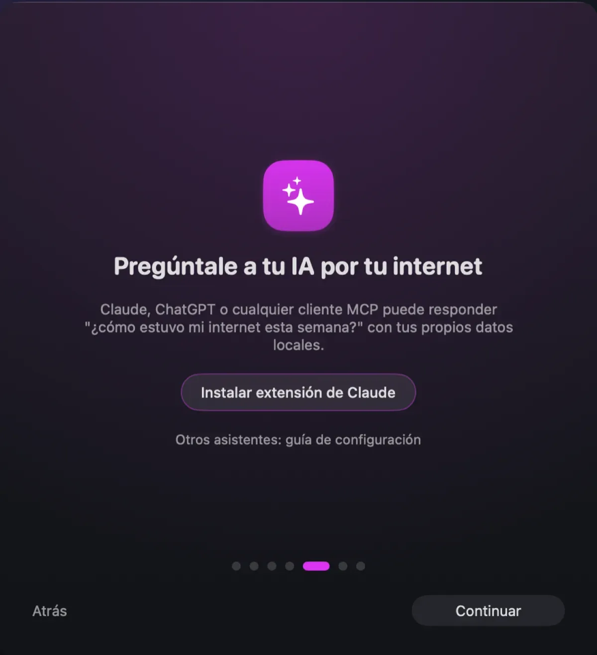 Pantalla de bienvenida: pregúntale a tu IA por tu internet, con un botón para instalar la extensión de Claude