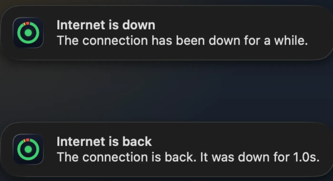 macOS notifications: internet is down, and internet is back after 1.0s