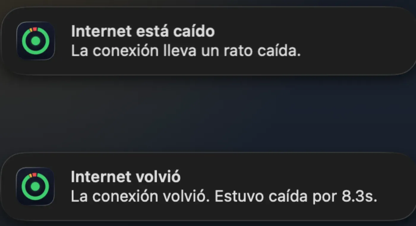 Notificaciones de macOS: internet caído, e internet de vuelta tras 1.0s