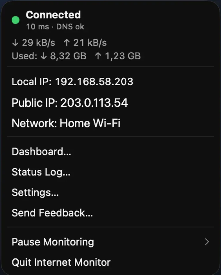 Menu bar panel showing connection status, bandwidth, IPs and the current network name